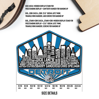 Detroit Football Greatest Of All Time Legend Team Wood Sign Detroit City Skyline Gift Decor